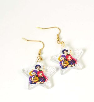 Σκουλαρίκια με  Huntrix K-pop σε αστέρι διάφανο glitter plexiglass 30x31mm και γάντζους χρυσούς ατσάλι