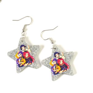 Σκουλαρίκια με  Huntrix K-pop σε αστέρι ασημί glitter plexiglass 30x31mm και γάντζους ασημί ατσάλι