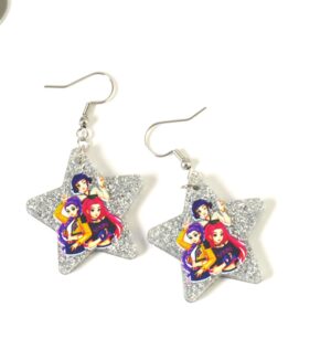 Σκουλαρίκια με  Huntrix K-pop σε αστέρι ασημί glitter plexiglass 30x31mm και γάντζους ασημί ατσάλι