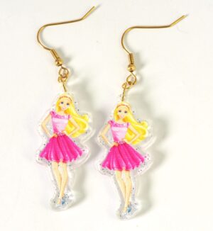 Σκουλαρίκια με Barbie φιγούρα διάφανο glitter plexiglass 43x18mm και γάντζους χρυσούς ατσάλι