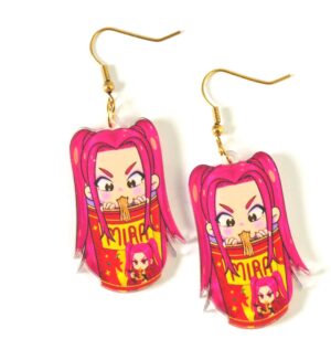 Σκουλαρίκια με Mira KPop Demon Hunter τρώγοντας noodles plexiglass 40x22mm και γάντζους χρυσούς ατσάλι