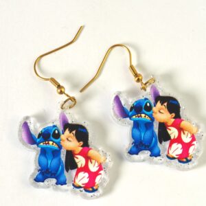 Σκουλαρίκια Stitch & Lilo σε διάφανο glitter plexiglass 29x35mm και γάντζους χρυσούς ατσάλι