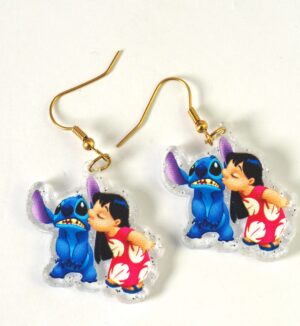 Σκουλαρίκια Stitch & Lilo σε διάφανο glitter plexiglass 29x35mm και γάντζους χρυσούς ατσάλι
