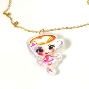 Κολιέ με με Ballerina Cappuccina φιγούρα διάφανο glitter plexiglass 40x28mm σε cross πλακέ χρυσή αλυσίδα ατσάλι 1.5mm μήκους 39cm και επέκταση 5cm