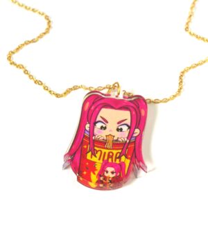 Κολιέ με Mira KPop Demon Hunter τρώγοντας noodles plexiglass 40x23mm  σε cross πλακέ χρυσή αλυσίδα ατσάλι 1.5mm μήκους 39cm και επέκταση 5cm