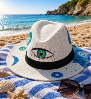 Καπέλο Παναμά Ψάθινο λευκό με Colorful Eyes με μαύρη κορδέλα 35x31cm