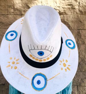 Καπέλο Παναμά Ψάθινο λευκό με Suns & Eyes με μαύρη κορδέλα 35x31cm