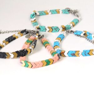 Βραχιόλι Hematite Colorful Chevron με ασημί μεταλλικά στοιχεία ατσάλι & επέκταση αλυσίδας μήκος 15cm-20cm