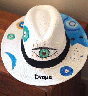 Καπέλο Παναμά Ψάθινο λευκό με Colorful Eyes και όνομα της επιλογής σας με μαύρη κορδέλα 35x31cm