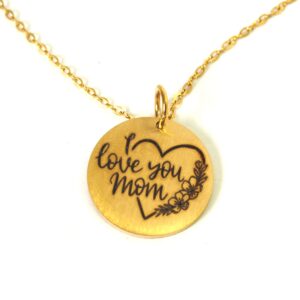 Κολιέ ατσάλι με Καρδιά με λουλούδια "I Love you mom" σε στρογγυλό 20mm & χρυσή αλυσίδα cross 1.5mm μήκος 40cm και επέκταση 5cm