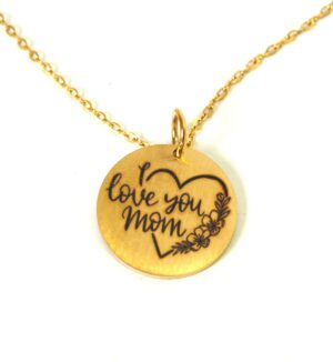 Κολιέ ατσάλι με Καρδιά με λουλούδια "I Love you mom" σε στρογγυλό 20mm & χρυσή αλυσίδα cross 1.5mm μήκος 40cm και επέκταση 5cm