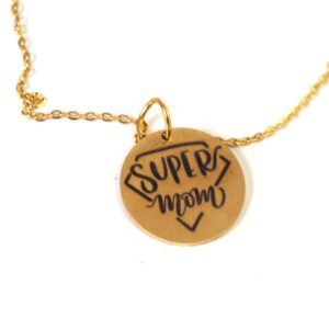 Κολιέ ατσάλι Super mom σε στρογγυλό 20mm & χρυσή αλυσίδα cross 1.5mm μήκος 40cm και επέκταση 5cm