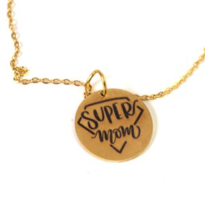 Κολιέ ατσάλι Super mom σε στρογγυλό 20mm & χρυσή αλυσίδα cross 1.5mm μήκος 40cm και επέκταση 5cm