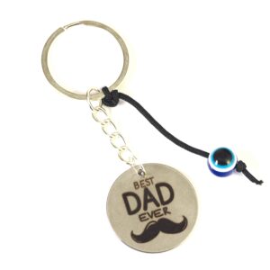 Μπρελόκ έτοιμο Best Dad Ever με μουστάκι στρογγυλό ατσάλι 30mm & μπλέ ματάκι ρητίνης και ασημί κρίκο μεταλλικό με αλυσίδα 30mm