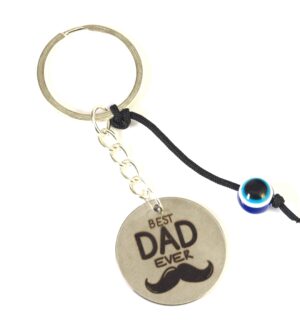 Μπρελόκ έτοιμο Best Dad Ever με μουστάκι στρογγυλό ατσάλι 30mm & μπλέ ματάκι ρητίνης και ασημί κρίκο μεταλλικό με αλυσίδα 30mm