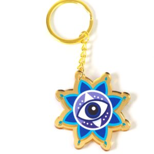 Μπρελόκ έτοιμο με Santorini Evil Eye σε ήλιο χρυσό mirror plexiglass 50x48mm και χρυσό κρίκο μεταλλικό με αλυσίδα 30mm