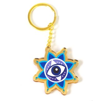 Μπρελόκ έτοιμο με Santorini Evil Eye σε ήλιο χρυσό mirror plexiglass 50x48mm και χρυσό κρίκο μεταλλικό με αλυσίδα 30mm