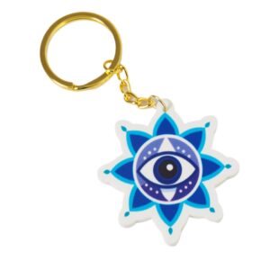 Μπρελόκ έτοιμο με Santorini Evil Eye σε λευκό plexiglass 50x48mm και χρυσό κρίκο μεταλλικό με αλυσίδα 30mm