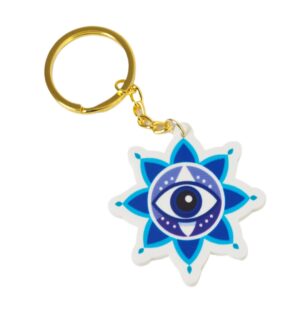 Μπρελόκ έτοιμο με Santorini Evil Eye σε λευκό plexiglass 50x48mm και χρυσό κρίκο μεταλλικό με αλυσίδα 30mm