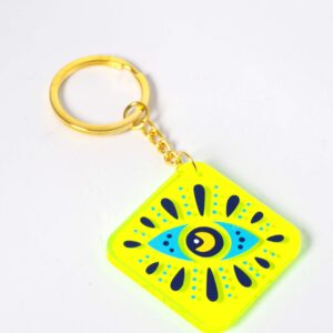 Μπρελόκ έτοιμο με Lindos Evil Eye ρόμβος σε neon plexiglass 54x54mm και χρυσό κρίκο μεταλλικό με αλυσίδα 30mm