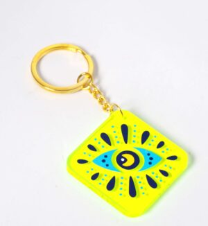 Μπρελόκ έτοιμο με Lindos Evil Eye ρόμβος σε neon plexiglass 54x54mm και χρυσό κρίκο μεταλλικό με αλυσίδα 30mm