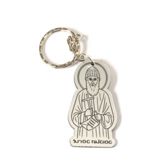 Μπρελόκ με τον Άγιoς Παΐσιο σε ασημί-μαύρο darvin plexiglass κρεμαστό 50x28mm & κρίκο 25mm