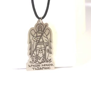 Έτοιμο Κολιέ με Αρχάγγελος Μιχαήλ Ταξιάρχη ασημί μεταλλικό ατσάλι 35x20mm και κορδόνι μαύρο πολυεστερικό μάτ 1.5mm