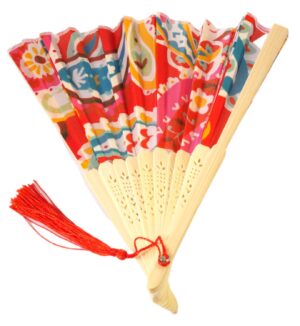 Βεντάλια Χειρός Boho Πολύχρωμο με κόκκινο Floral Σχέδιο υφασμάτινη με ξύλινη βάση 21x36cm