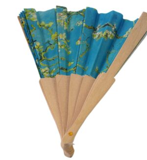 Βεντάλια Χειρός με Blue Blossom Floral σχέδιο υφασμάτινη με ξύλινη βάση 21x36cm