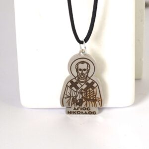 Έτοιμο Κολιέ με Άγιο Νικόλαο σε ασημί μεταλλικό ατσάλι 31x19mm και κορδόνι μαύρο πολυεστερικό μάτ 1.5mm
