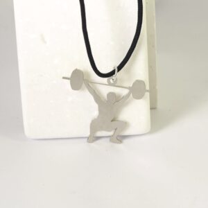 Κολιέ  Powerlifting Athlete ασημί μεταλλικό ατσάλι 30x34mm και κορδόνι μαύρο πολυεστερικό μάτ 1.5mm