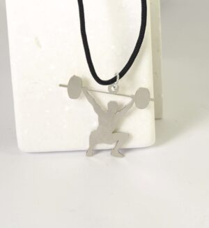 Κολιέ  Powerlifting Athlete ασημί μεταλλικό ατσάλι 30x34mm και κορδόνι μαύρο πολυεστερικό μάτ 1.5mm