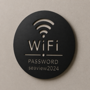 Πινακίδα με Wifi Password της επιλογής σας στρογγυλό μαύρο ανοδιωμένο αλουμίνιο 150mm